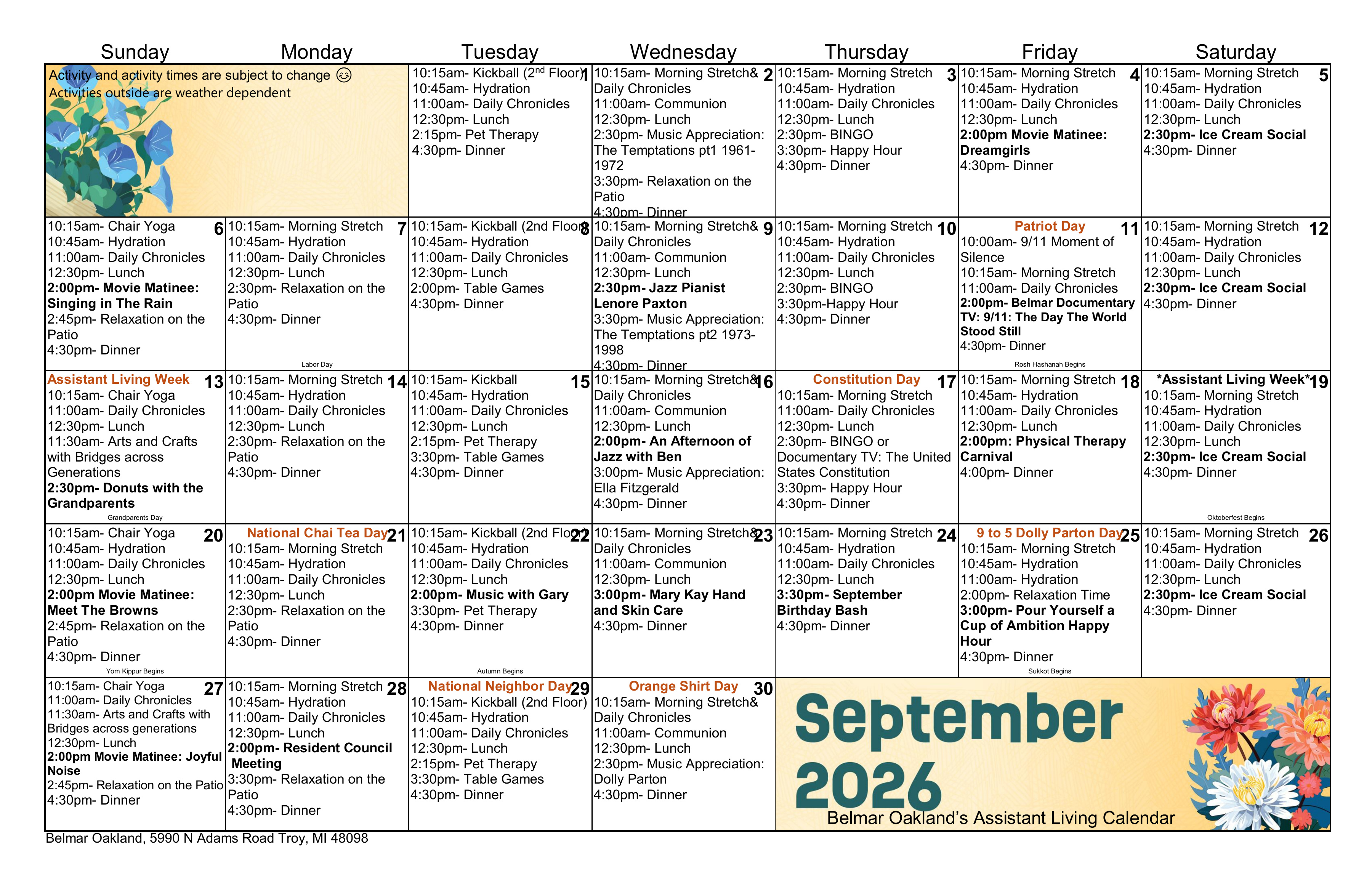Belmar Oakland assisted living activity calendar, as published on the original website