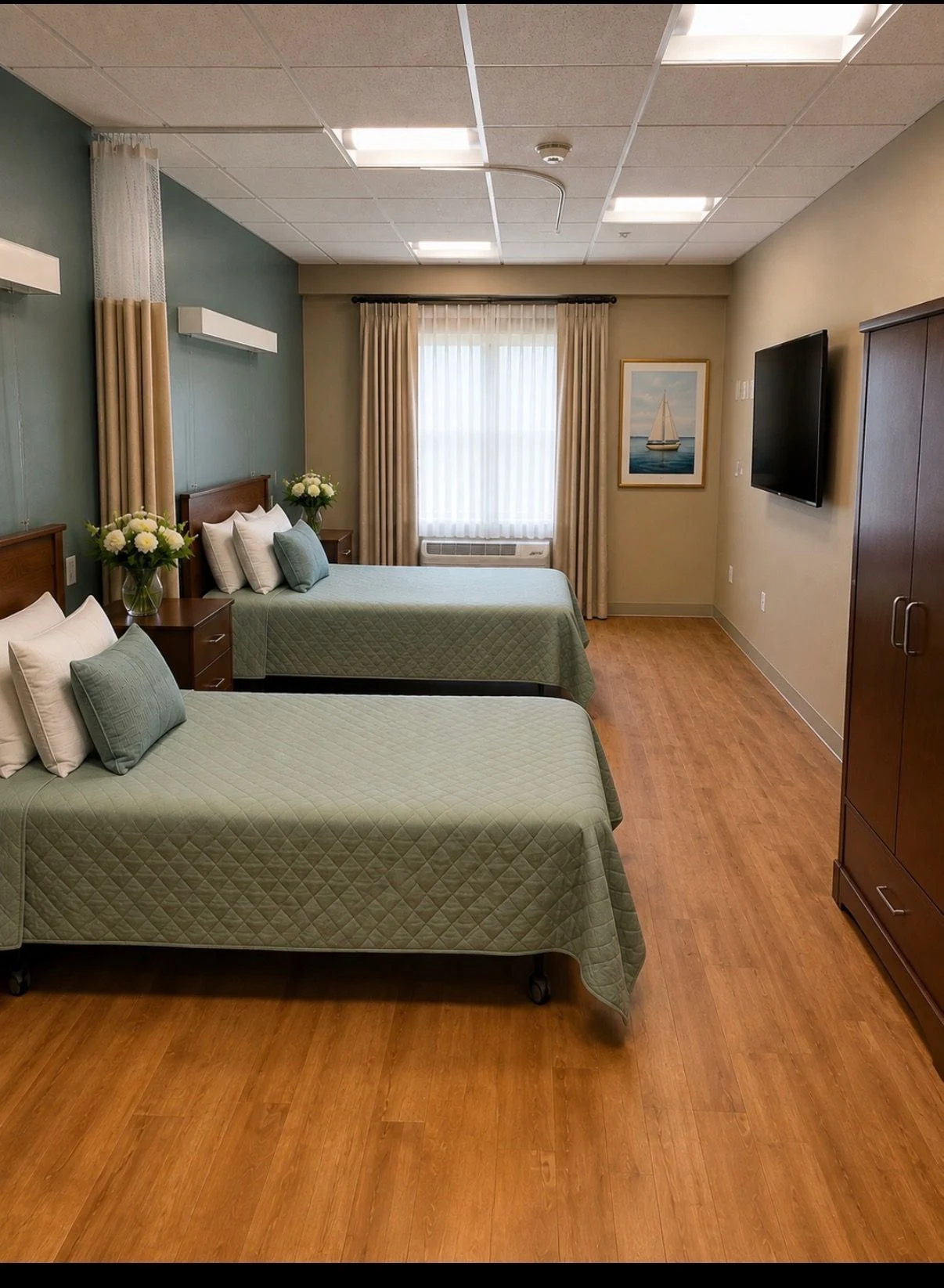 Semi-private residence at Belmar Oakland with two furnished beds and a privacy curtain